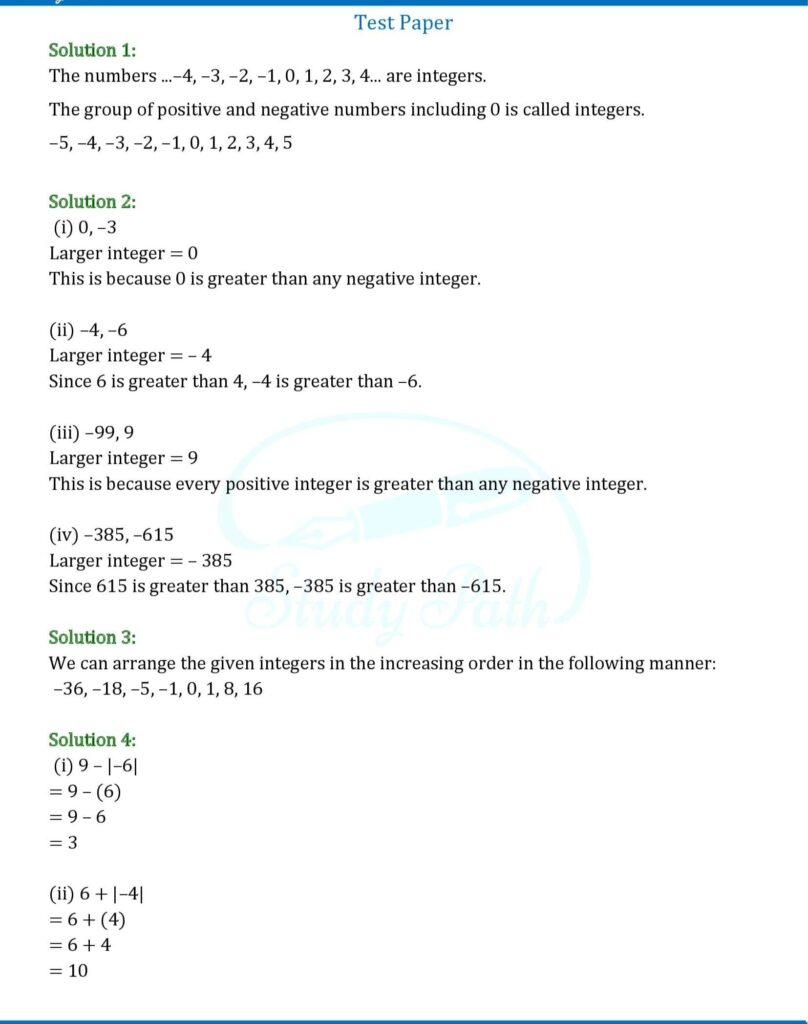 RS Aggarwal Chapter 4 Integers Exercise Test Paper Solutions 1