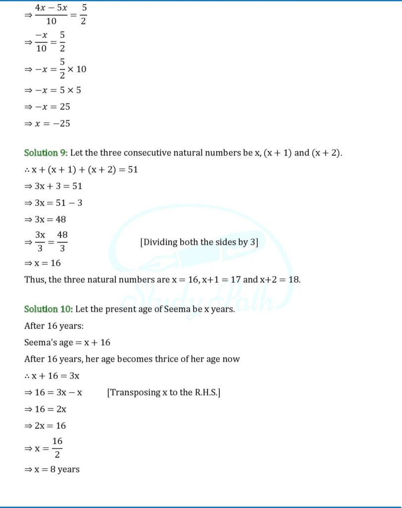 RS Aggarwal Chapter 9 Linear Equations in One Variable Test Paper Solutions 3