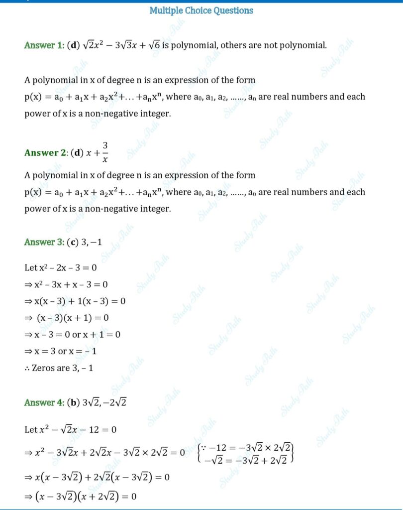 RS Aggarwal Class 10 Chapter 2 Multiple Choice Questions (MCQs) Solutions 1
